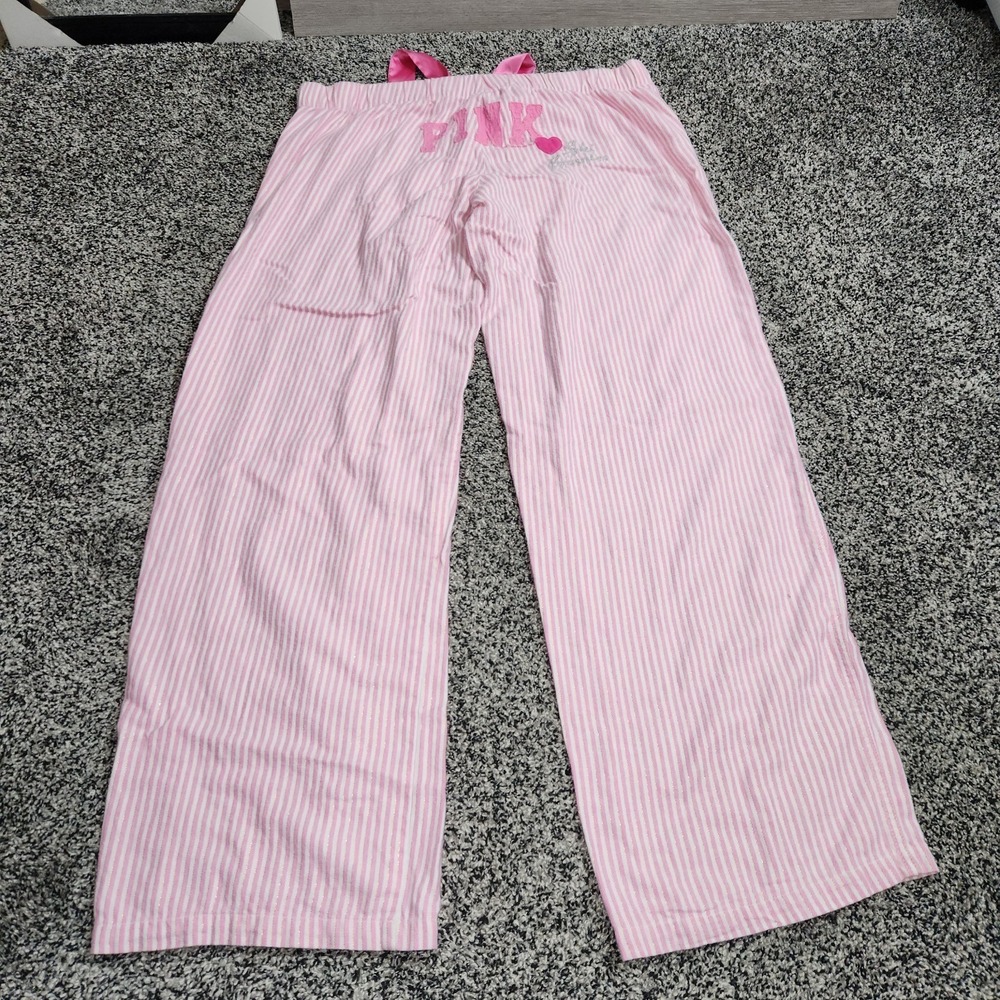 Y2k Vtg Victoria's Secret PINK Ski Bunnies Stripe Pajama Pants Pink Gold Women L - Picture 2 of 13